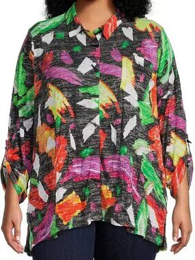 Ali Miles BLACK/PURPLE/WHITE/GREEN Abstract BURNOUT Knit Tunic Blouse 3X NWT